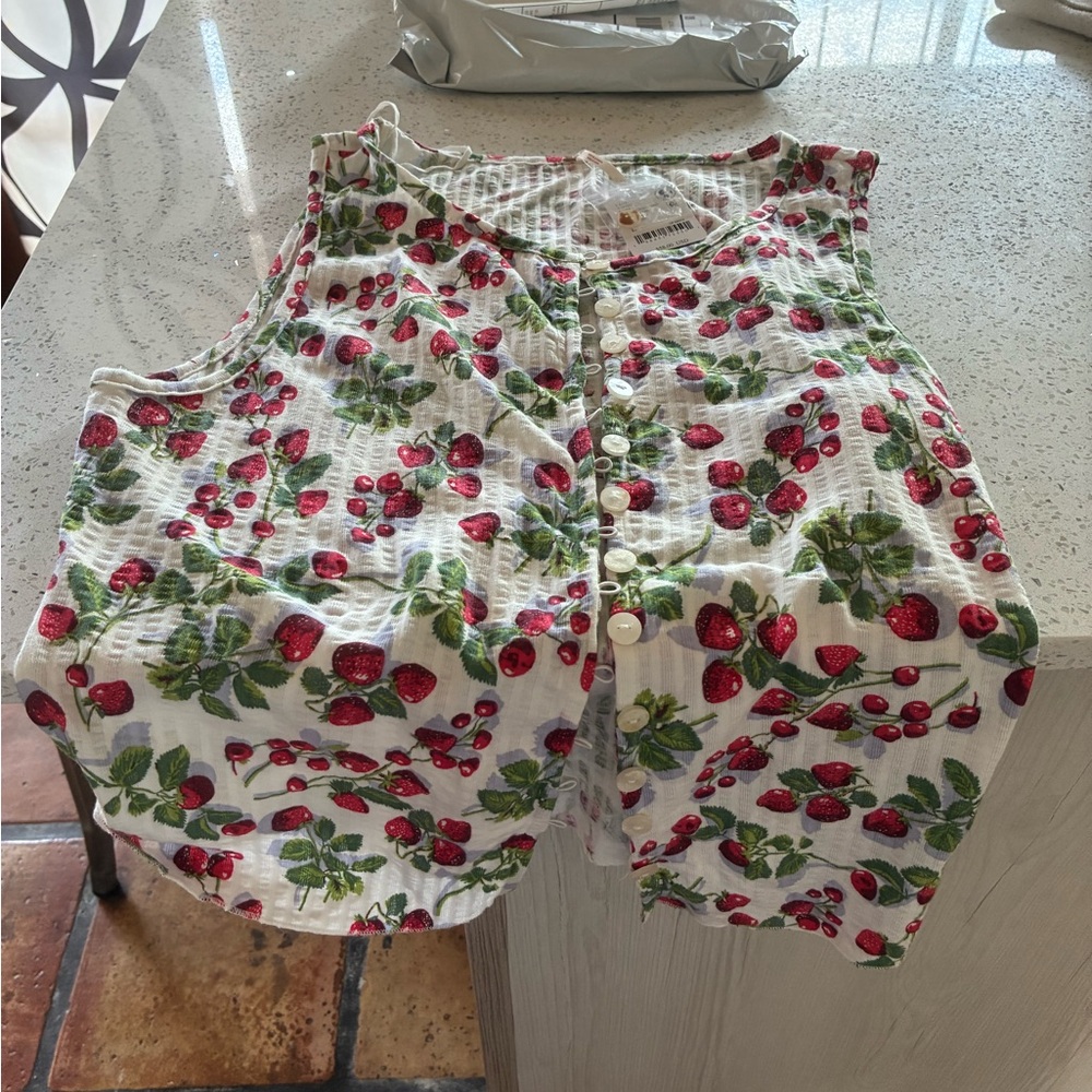 Free People White and Red Cherry Print Blouse NIB
